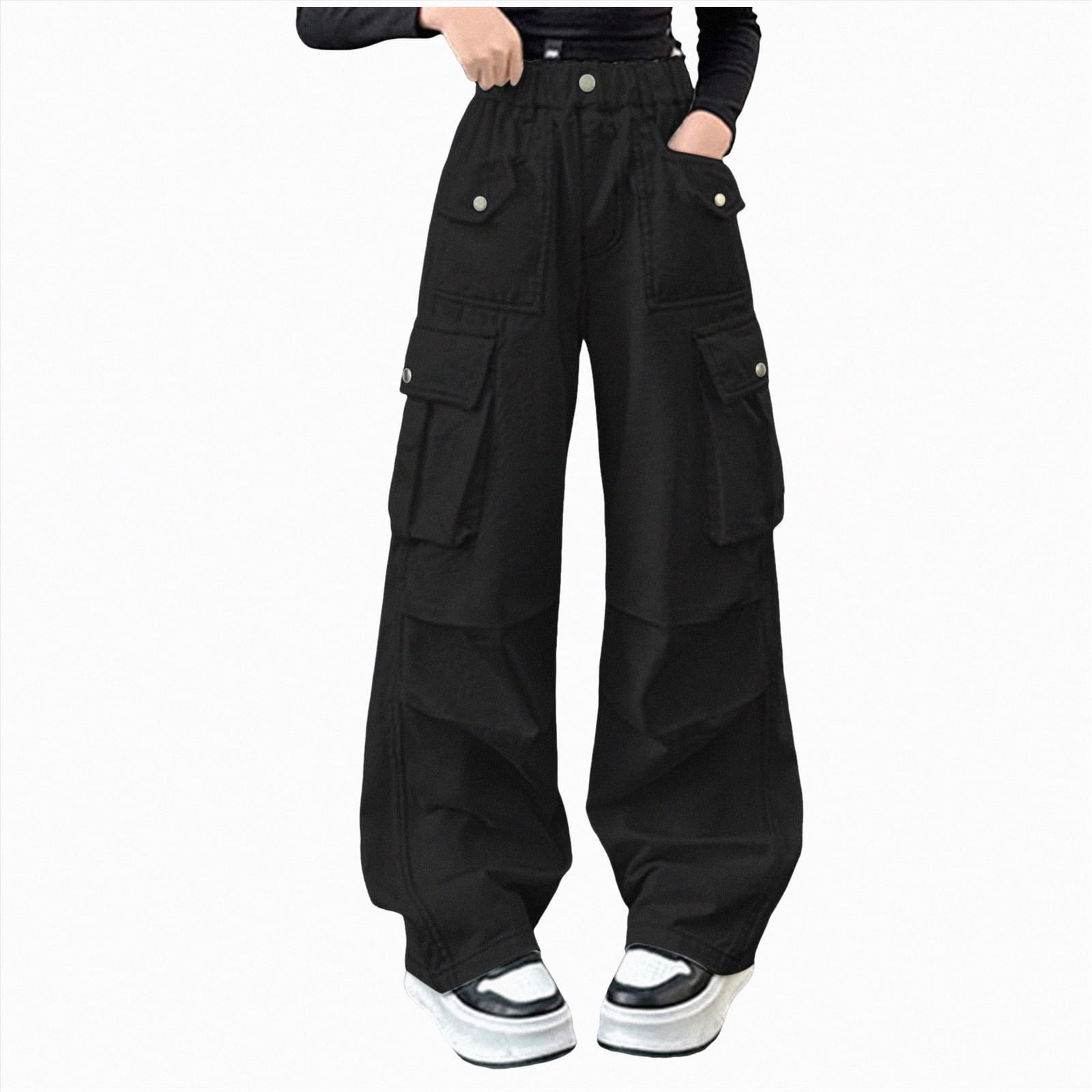 CAICJ98 Girl's Elastic High Waist Cargo Pants with Flap Pocket