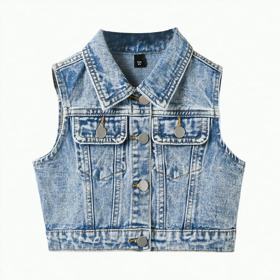 CAICJ98 Girl's Jean Jacket Denim Vest Button Down Fashion Sleeveless Denim Jacket for Girls Cute Crop Tops (Blue,11-12 Years)