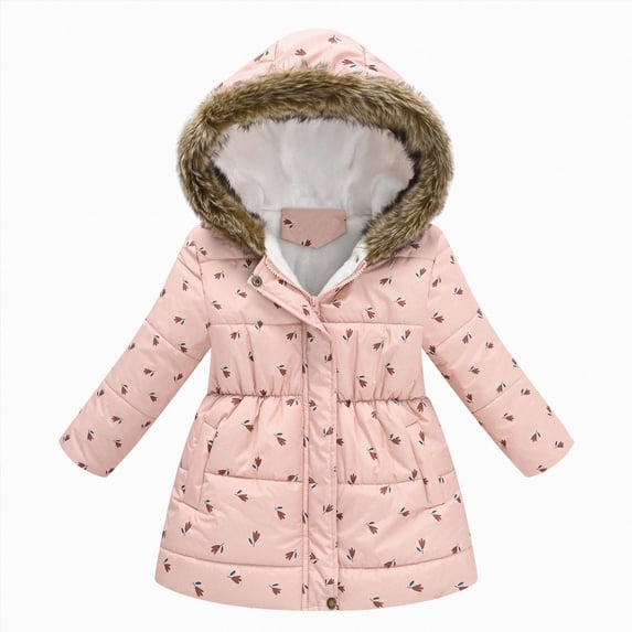 CAICJ98 Girl's Winter Coat Jacket Hooded Kids Toddler Flower Print Parka Outwear Warm Cotton Puffer Hooded Jacket (Light Pink,2-3 Years)