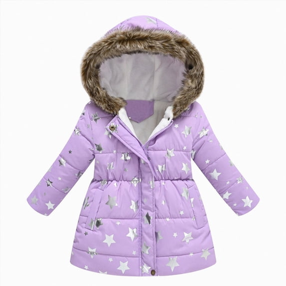 CAICJ98 Girl's Winter Coat Jacket Hooded Kids Toddler Flower Print Parka Outwear Warm Cotton Puffer Hooded Jacket (Light Purple,4-5 Years)