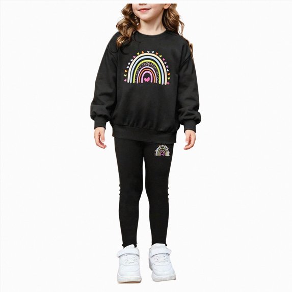 CAICJ98 Girls 2 Piece Outfits Oversized Long Sleeve Crewneck Graphic Sweatshirt Top Slim Fit Stretchy Leggings Pants Set Fall Winter Clothes for Casual Everyday Sporty Wear,Size 5-6 Years
