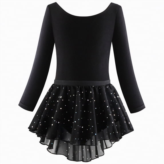 CAICJ98 Girls Ballet Leotards Toddler Long Sleeve Crisscross Back Dance Dress Outfit with Removable Shiny Skirt Combo (10-12 Years,Black)