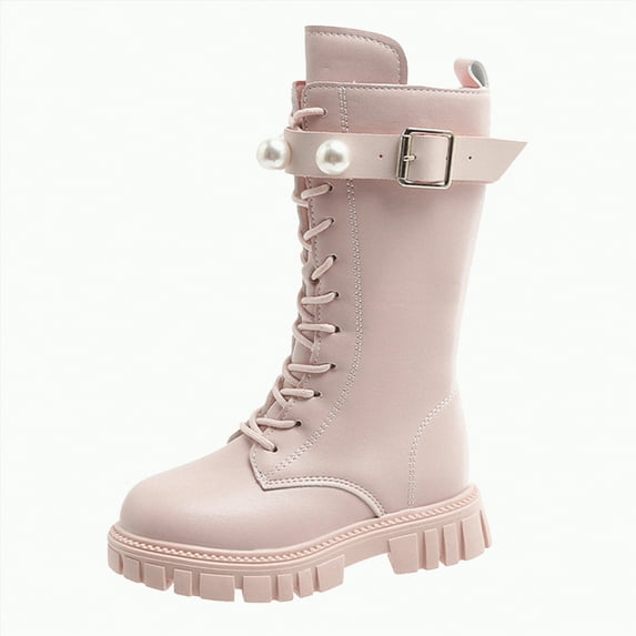 CAICJ98 Girls Boot Leather Combat Boot Side Zipper Punk Goth Lug Sole Mid Calf Kids Riding Boots (Little Kid/Big Kid),11