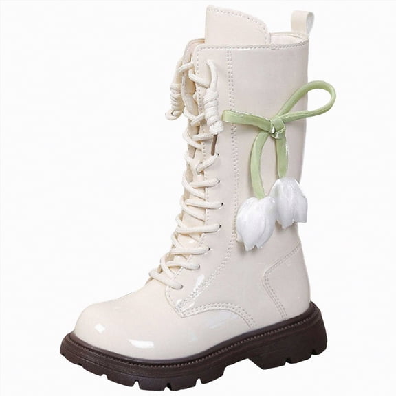 CAICJ98 Girls' Boots Lace Up Mid Calf Combat Boots Fashion Round Toe Side Zipper Lug Sole Punk Goth Girls Horse Riding Boots (Toddler/Little Kid/Big Kid),13