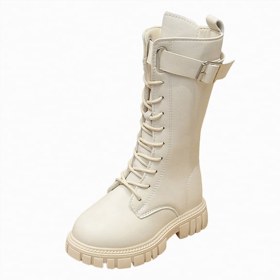 CAICJ98 Girls' Boots Leather Knee High Boots with Side Zipper Fashion Round Toe Comfortable Low Heel Lace Up Combat Boots Lug Sole Motorcycle Horse Riding Boots Kids (Little Kid/Big Kid),13.5