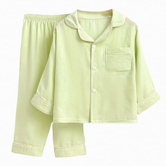 CAICJ98 Girls Boys Button Down Pajamas Sets Todder Cotton Long Sleeve Warm Fall Winter Sleepwear Pjs Teens Solid Shirts and Pants Boy Girl Pajama Set,(Green,3-4 Years)