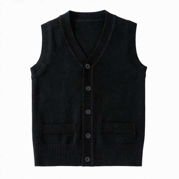 CAICJ98 Girls Boys Uniform Cotton V-Neck Sweater Vest Knit Sweater Cardigan with Button Fall Clothes (Black,11-13 Years)