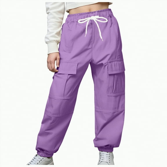 CAICJ98 Girls Cargo Pants Elastic Waist Jogger Pants with Multi Pockets Cotton Girls Joggers (Purple,11-12 Years)