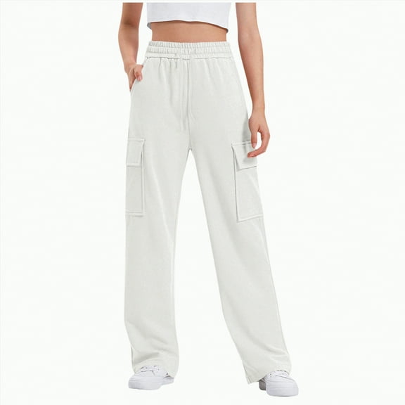 CAICJ98 Girls Cargo Pants Jogger Elastic Waist Drawstring with Pockets Uniform Pants Clothes for Teen Girls Casual Girls Sweat Pants (White,8-9 Years)