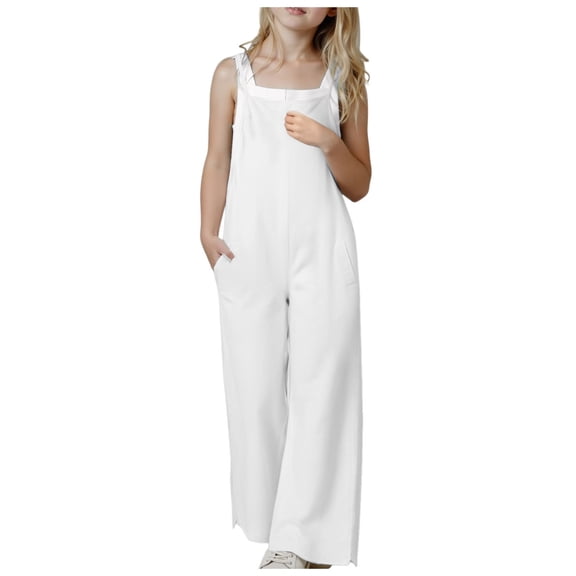 CAICJ98 Girls Casual Jumpsuits Spaghetti Strap Sleeveless Loose Romper for Girls Long Pants with Pockets Kids Clothes White,140