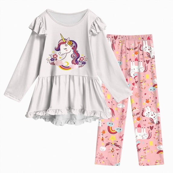 CAICJ98 Girls Clothes 2 Piece Cute Print Ruffle Long Sleeve Shirt Tops & Pants Set Fall Winter Outfits Teen Tween Girls 9-14Y