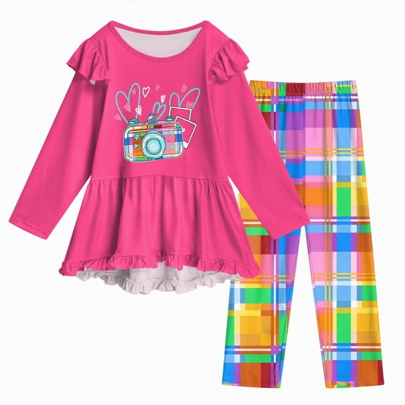 CAICJ98 Girls Clothes 2 Piece Fall Winter Ruffle Long Sleeve Shirt Top Print Pants Outfits for Teen 9-14Y Tween Girl Fashion Clothing Set