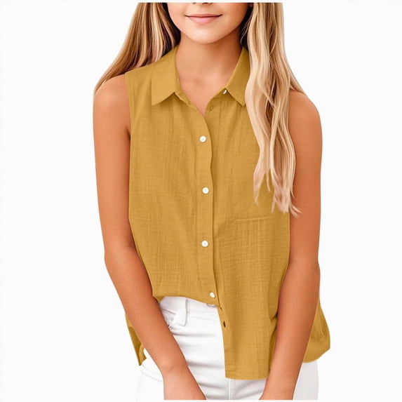 CAICJ98 Girls Cotton Linen Shirts Sleeveless Collared Tops Oversized Button Up Work Shirts Casual Summer Blouses (Yellow,9-10 Years)