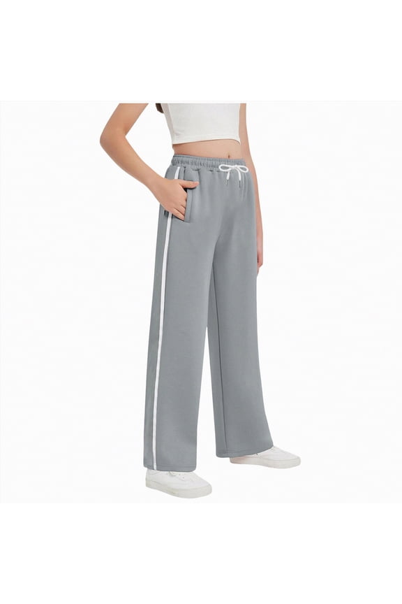 Girls Cotton Sweatpants Side Striped Wide Leg Pants with Pockets Sports Trousers Girls Sweat Pants (Grey,9-10 Years)