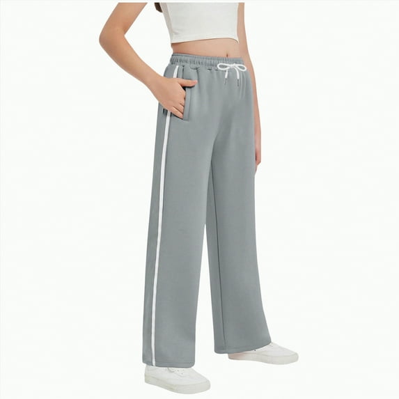 CAICJ98 Girls Cotton Sweatpants Side Striped Wide Leg Pants with Pockets Sports Trousers Girls Sweat Pants (Grey,9-10 Years)