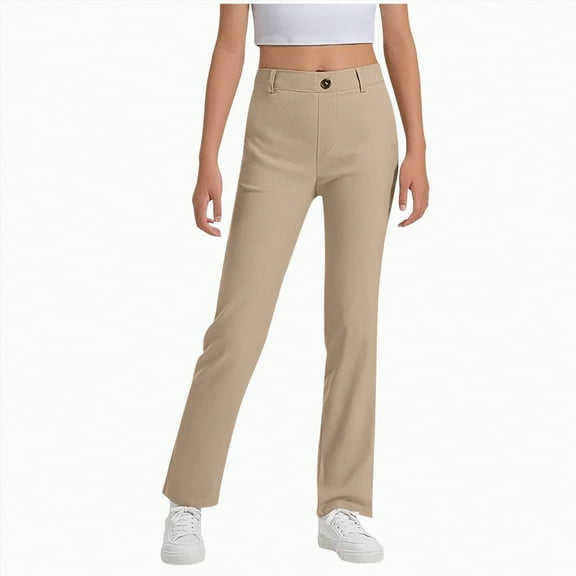 CAICJ98 Girls Dress Pants Kids School Uniform Pants Bell Bottoms with Elastic Waist for Teens (Khaki,9-10 Years)