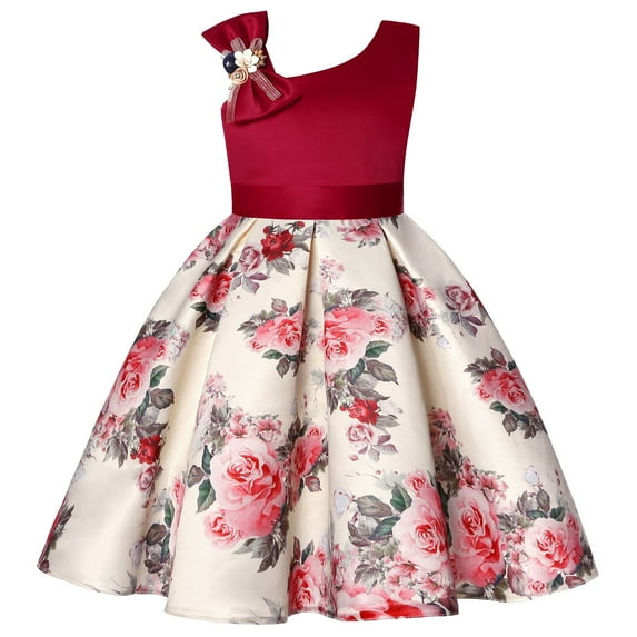 CAICJ98 Girls Dress Sloping Shoulder Bridesmaid Wedding Princess Dresses for Toddler Girls Bow Birthday Ball Party Show Evening Lavender Dress Red,2-3 Years