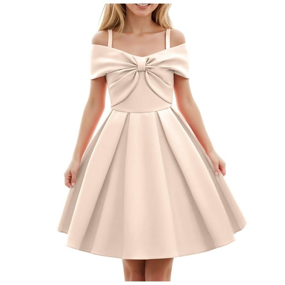 CAICJ98 Girls Elegant Dress Special Occasion Satin Gowns for Toddler Girls Off Shoulder A-Line Party Princess Dresses Beige,2-3 Years