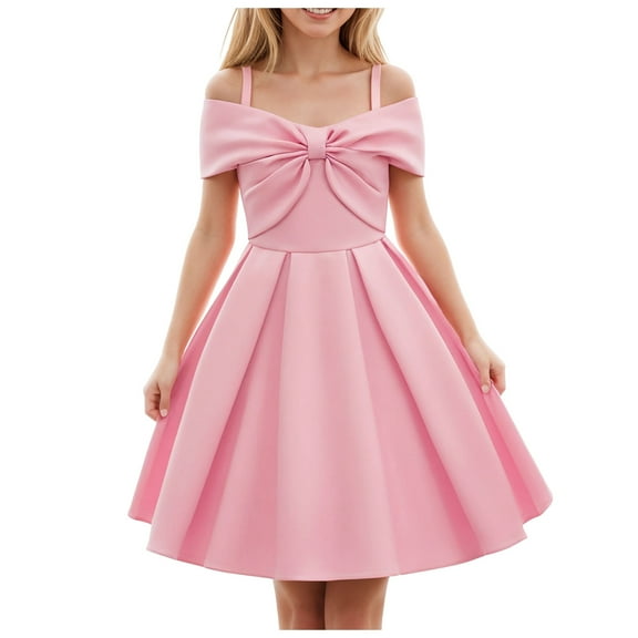 CAICJ98 Girls Elegant Dress Special Occasion Satin Gowns for Toddler Girls Off Shoulder A-Line Party Princess Dresses Pink,2-3 Years