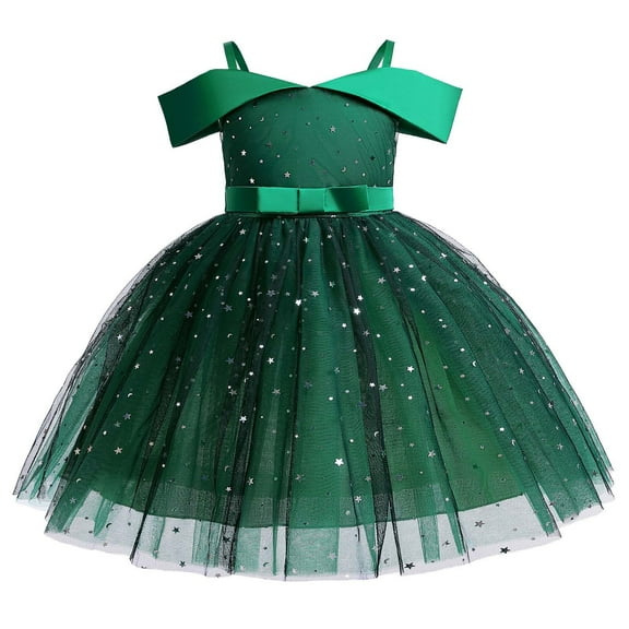 CAICJ98 Girls Elegant Princess Dress Off Shoulder A-Line Dresses for Toddler Girls Casual Cold Shoulder Party Dresses Green,4-5 Years