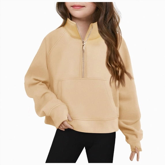 CAICJ98 Girls Half Ziper Collar Cropped Hoodies Long Sleeve Fleece Zip Up Pullover Sweatshirt for Girls (Beige,7-8 Years)