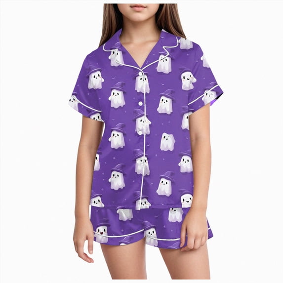 CAICJ98 Girls Halloween Pajamas Short Sleeve Button Down Pjs Funny Ghost Pumpkin Graphic Soft Sleepwear 2Pcs Outfits Girls Pjs (Purple,6-7 Years)