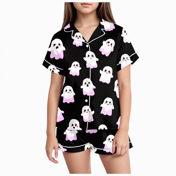 CAICJ98 Girls Halloween Pjs Short Sleeve Button Down Pjs With Shorts Sleepwear Pumpkin Ghost Print Loungewear Girls Pjs (Light Pink,2-3 Years)