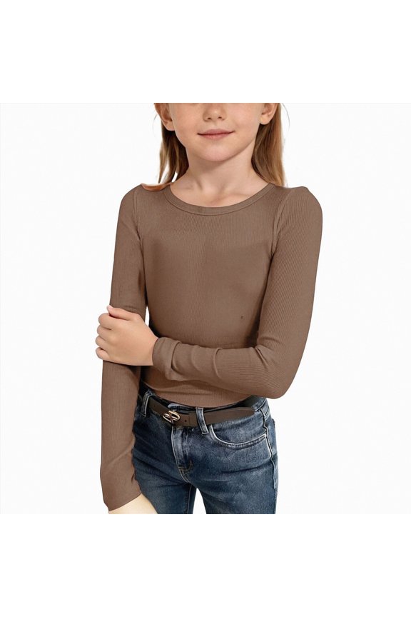Girls Long Sleeve Shirts Crew Neck Fitted Solid Color Basic Tops Teen Kids Cute Soft Casual Undershirts (Coffee,5-6 Years)
