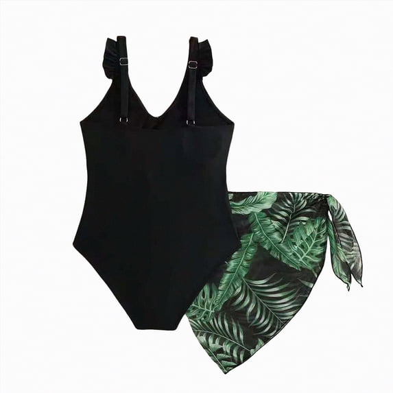 CAICJ98 Girls One Piece Swimsuit Cut Out Ruffle Bathing Suit for Girls Twist V Neck Swimwear Solid Color with Cover Up Skirt (Black,11-12 Years)