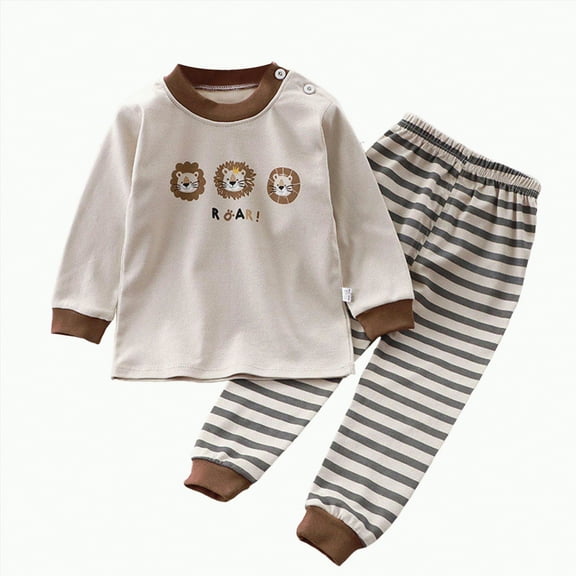 CAICJ98 Girls Pajamas Kids Baby Boy Soft Cartoon Prints Long Sleeve Sleepwear Tops Pants Outfits 2Pcs Boys' Girls' Sleepwear,(Brown,6-12 Months)