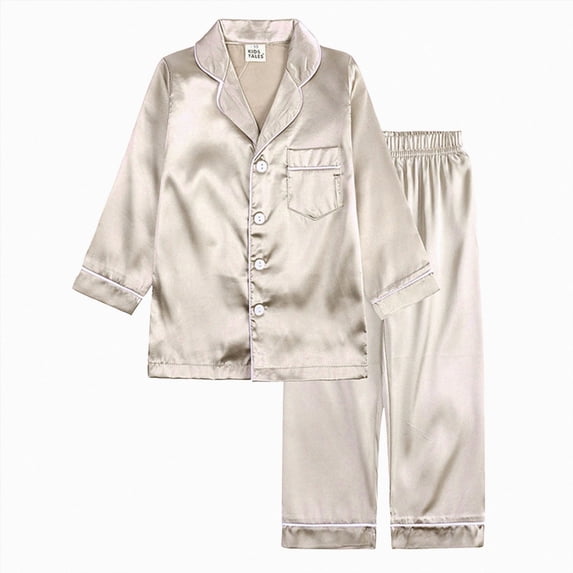 CAICJ98 Girls Pajamas Satin Long Sleeve Sleepwear Set Silky Feel Pjs for Kids (Beige,10-11 Years)
