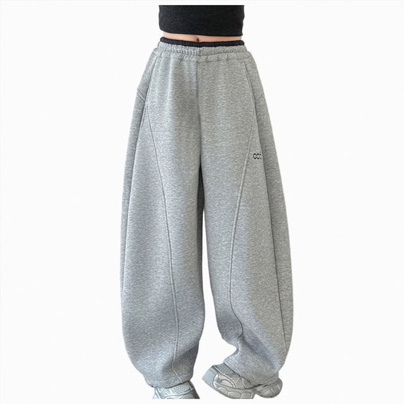 CAICJ98 Girls Pants Y2K Wide Leg Sweatpants Drawstring Waist Jogger Pants with Pockets (Light Gray,9-10 Years)