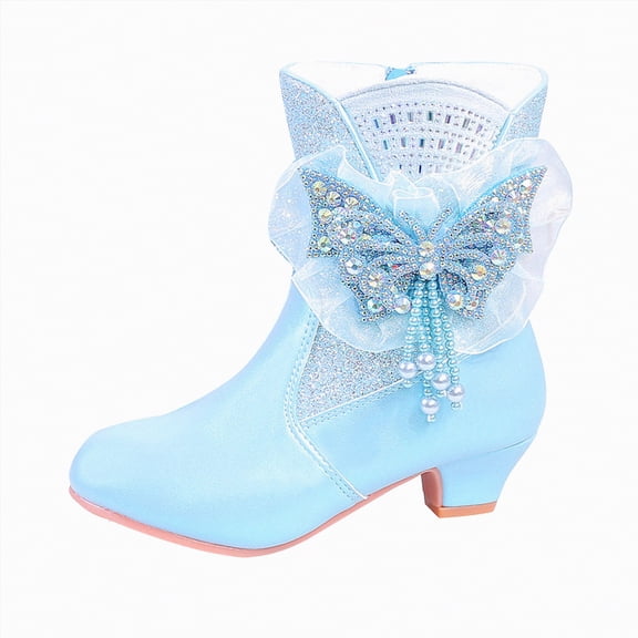 CAICJ98 Girls Princess Boots Cute Sparkly Rhinestone Butterfly Winter Fuzzy Fleece Lined Boot Side Zipper PU Leather Snow Shoes (Little Kid/Big Kid),1