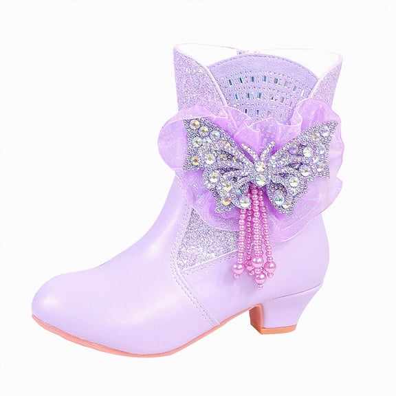 CAICJ98 Girls Princess Boots Cute Sparkly Rhinestone Butterfly Winter Fuzzy Fleece Lined Boot Side Zipper PU Leather Snow Shoes (Little Kid/Big Kid),3