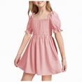 thumbnail image 1 of CAICJ98 Girls Puff Short Sleeve Square Neck Boho Frilly Smocked Shirred Flared Midi Dress for Girls (4-5 Years,Pink), 1 of 7