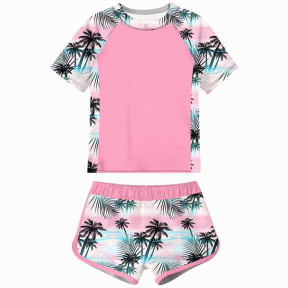 CAICJ98 Girls Rash Guard Swimsuit Kids Toddler 2-Piece Bathing Suit UPF 50  Summer Beach Girls' Swimwear (Light Pink,3-4 Years)