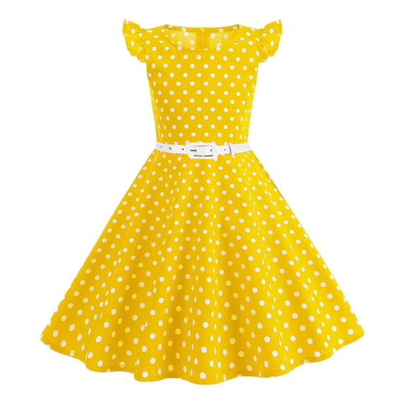 CAICJ98 Girls Ruffle Sleeve 50s Style Dress Girls Vintage Dresses Audrey 50's Retro Dress for Toddler Girls 1950s Polka Dot Rockabilly Swing Party Dresses Yellow,7-8 Years
