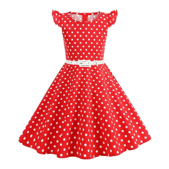 CAICJ98 Girls Ruffle Sleeve 50s Style Dress Girls Vintage Dresses Audrey 50's Retro Dress for Toddler Girls 1950s Polka Dot Rockabilly Swing Party Dresses Red,3-4 Years