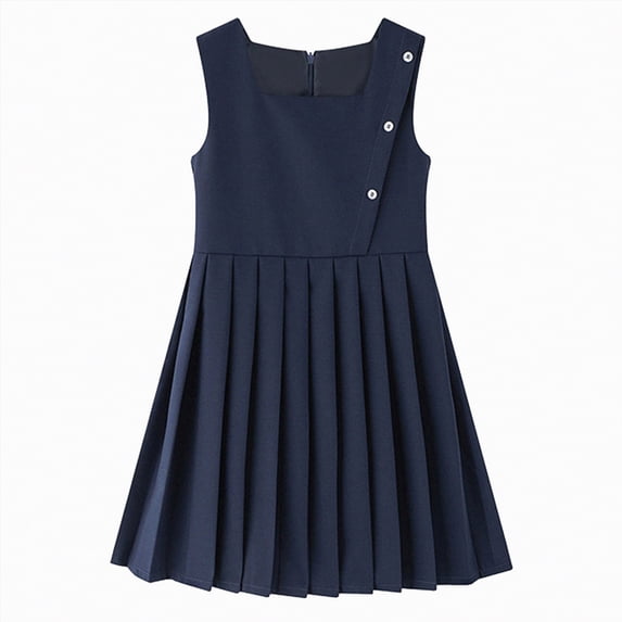 CAICJ98 Girls School Uniform Jumper Dress Solid Soft Sleeveless Crew Neck A-Line Pleated Dress (12-14 Years,Navy)