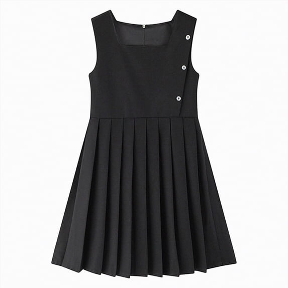 CAICJ98 Girls School Uniform Jumper Dress Solid Soft Sleeveless Crew Neck A-Line Pleated Dress (7-8 Years,Black)