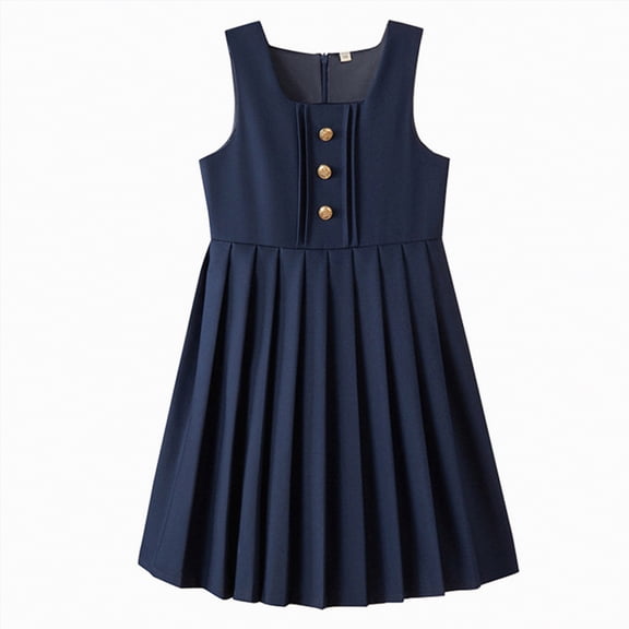 CAICJ98 Girls School Uniform Jumper Dress Solid Soft Sleeveless Crew Neck A-Line Pleated Dress (8-10 Years,Navy)