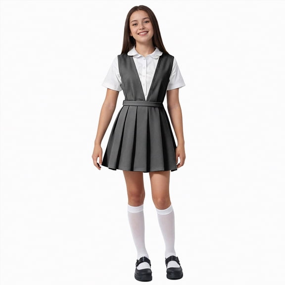 CAICJ98 Girls School Uniforms Pleated Twill Jumper with Double Buckle Sleeveless Uniform Dresses for Girls (3-4 Years,Grey)
