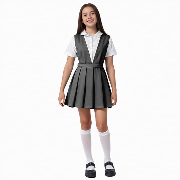 CAICJ98 Girls School Uniforms Pleated Twill Jumper with Double Buckle Sleeveless Uniform Dresses for Girls (3-4 Years,Grey)
