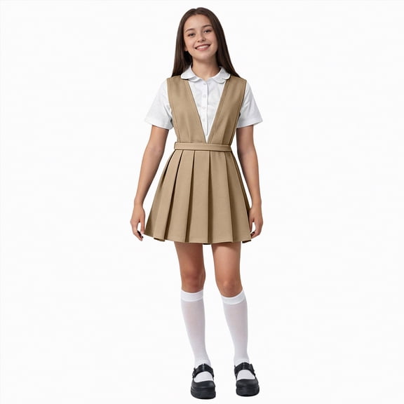 CAICJ98 Girls School Uniforms Pleated Twill Jumper with Double Buckle Sleeveless Uniform Dresses for Girls (6-7 Years,Khaki)
