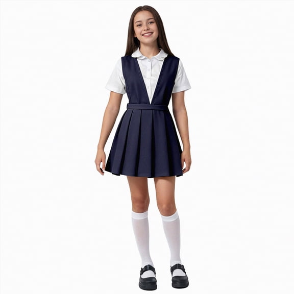 CAICJ98 Girls School Uniforms Pleated Twill Jumper with Double Buckle Sleeveless Uniform Dresses for Girls (7-8 Years,Navy)