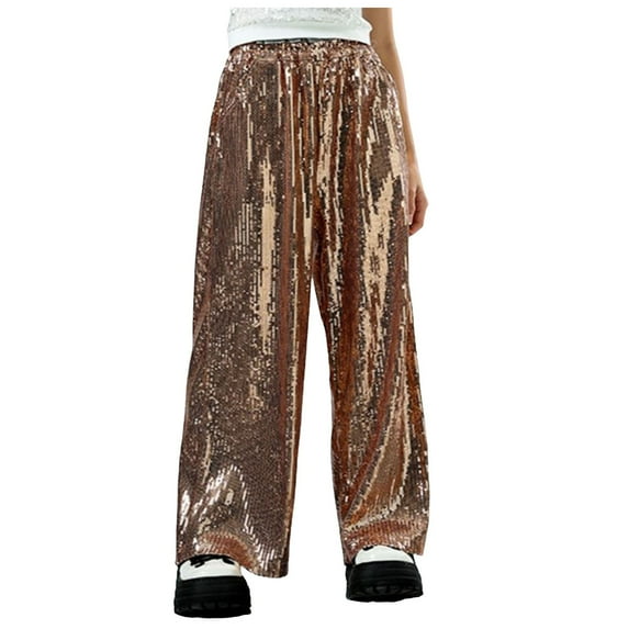 CAICJ98 Girls Sequin Flare Pants Sparkle Bell Bottoms Toddler Kids Elastic Waist Glitter Disco Dance Trousers with Pockets Gold,4-5 Years