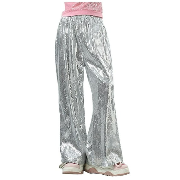 CAICJ98 Girls Sequin Flare Pants Sparkle Bell Bottoms Toddler Kids Elastic Waist Glitter Disco Dance Trousers with Pockets Silver,15-16 Years