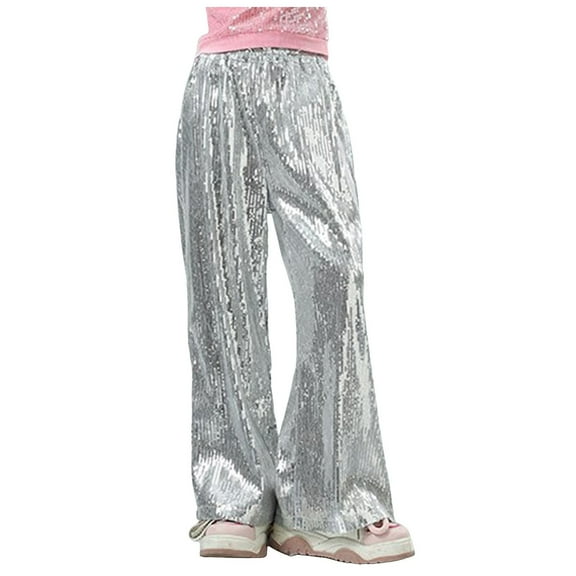 CAICJ98 Girls Sequin Flare Pants Sparkle Bell Bottoms Toddler Kids Elastic Waist Glitter Disco Dance Trousers with Pockets Silver,5-6 Years