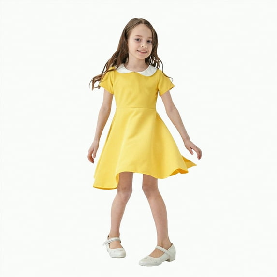 CAICJ98 Girls Short Sleeve Dress Casual Vintage Peter Pan Collar Swing Party Dress for Toddler Kids Girls (11-12 Years,Yellow)