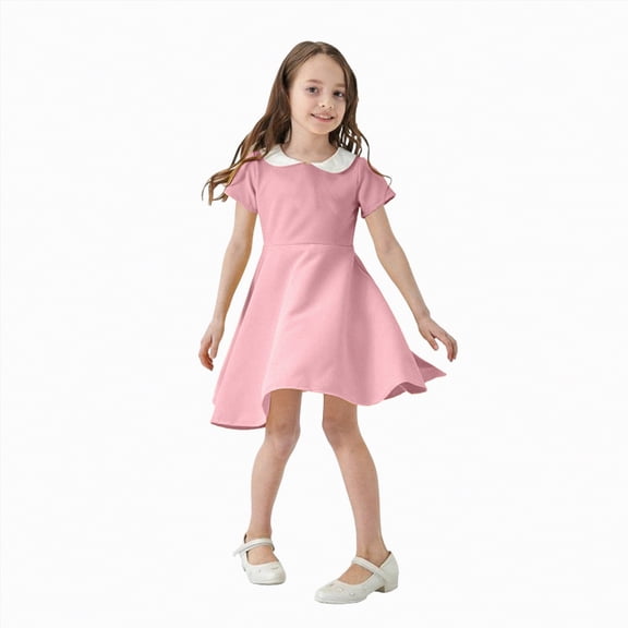 CAICJ98 Girls Short Sleeve Dress Casual Vintage Peter Pan Collar Swing Party Dress for Toddler Kids Girls (2-3 Years,Pink)